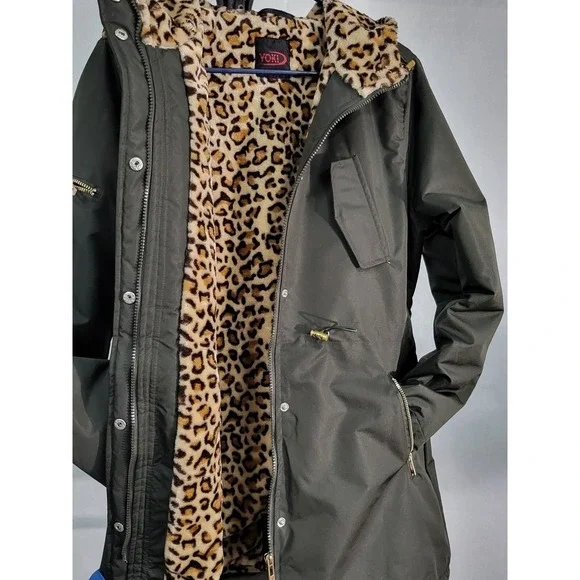 Yoki Olive‎ Green Anorak Jacket Leopard Faux Fur Lined Hooded Drawstring - Picture 2 of 11
